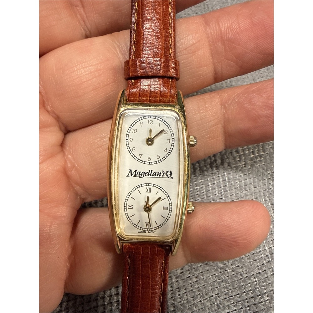 Magellan Dual Time Zone Watch Gold Color Long Tank Case Working New Batteries